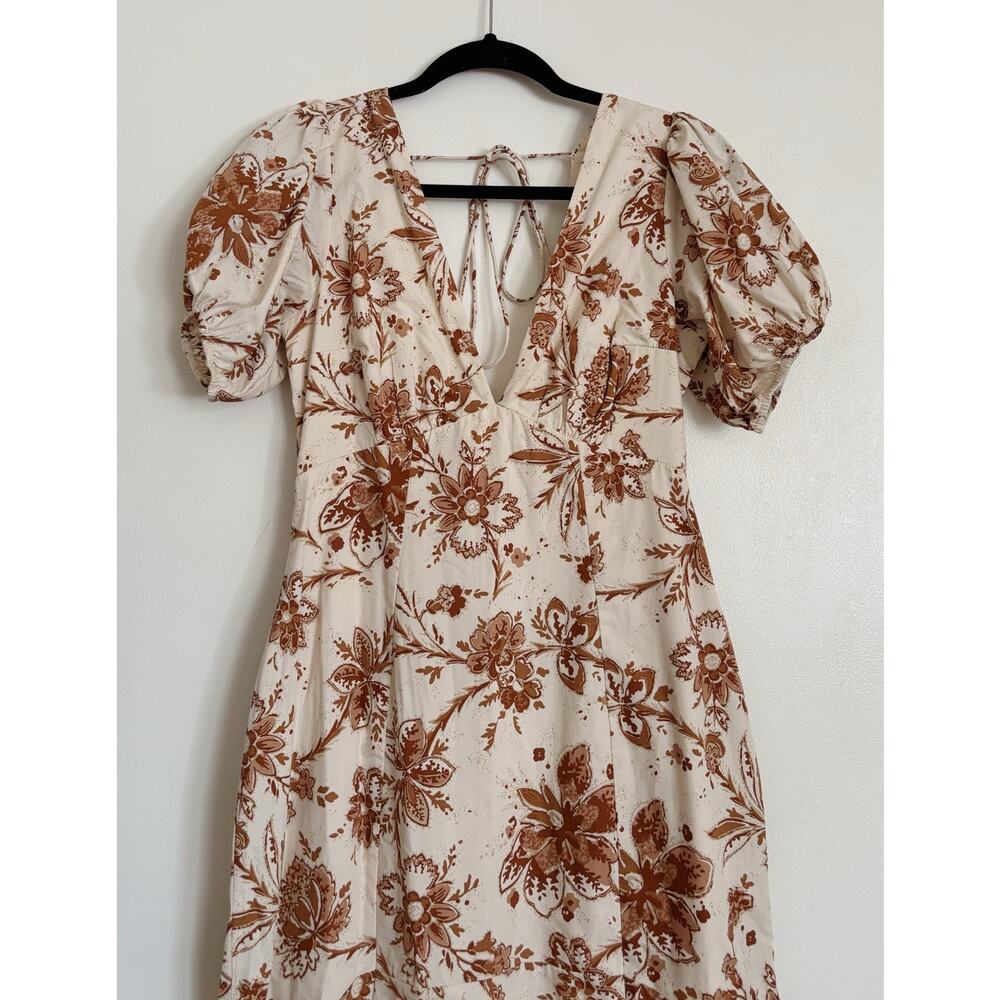 Tan Brown Abercrombie Puff Sleeve Floral Poplin Midi Dress S - Picture 2 of 8